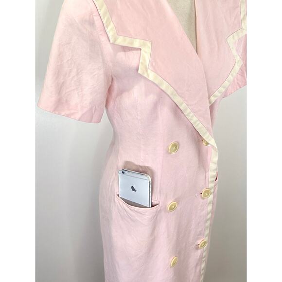 Vintage 90s Statement Lapel Midi Dress Pink Charter Club Linen Blend Secretary - Picture 5 of 7
